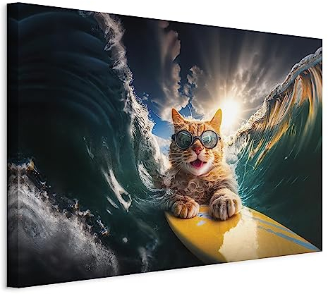 murando - Akustikbild Katze lustig Bilder 120x80 cm Akustikschaum Hochleistungsschallabsorber Schallschutz 1 tlg Wandbild Raumakustik Schalldämmung Kätzchen Surfing Brillen
