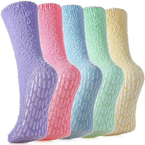 SDBING Non Slip Fuzzy Socks with Grips - Women's Hospital Slipper Socks (5 Pairs Rainbow)