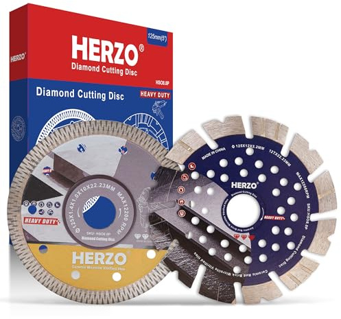 HERZO Set di 2 dischi da taglio diamantati da 125 mm, per ceramica, porcellana, piastrelle (disco da taglio giallo a forma di X), granito, marmo (disco da taglio blu, 125 mm)