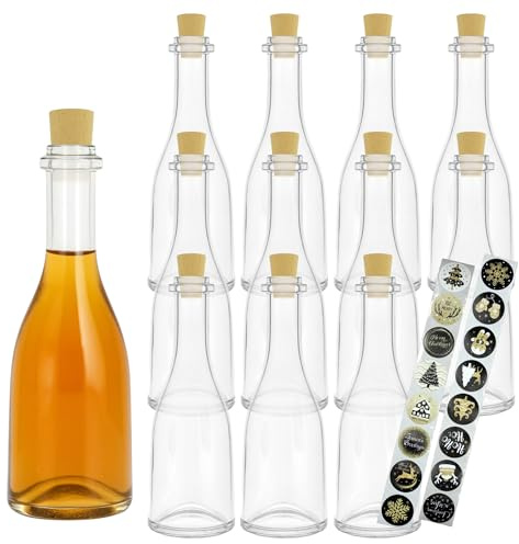 gouveo 12er Set Glasflaschen 200 ml Rustica mit Korken (SK) und 24 Weihnachtsaufklebern - Schöne Flaschen aus Glas für Weihnachten zum Befüllen und Verschenken
