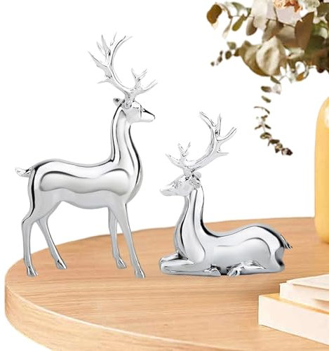 Bexdug Silberner Hirsch,Silberne Rentierfiguren, 2 Stück Rentierstatue aus galvanisiertem Silber, Dekorative Harzskulptur für Zuhause, Wohnzimmer, Schlafzimmer, weihnachtliche Tischdekoration