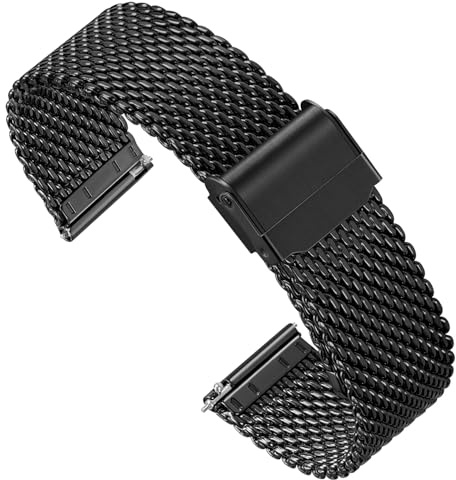Zehior Edelstahl Metall Dick Gitter Uhrenarmbänder für Herren und Damen, Doppelter Sicherheitsverschluss, Schnellverschluss, Smart Watch Armbänder, Schwarz 20mm