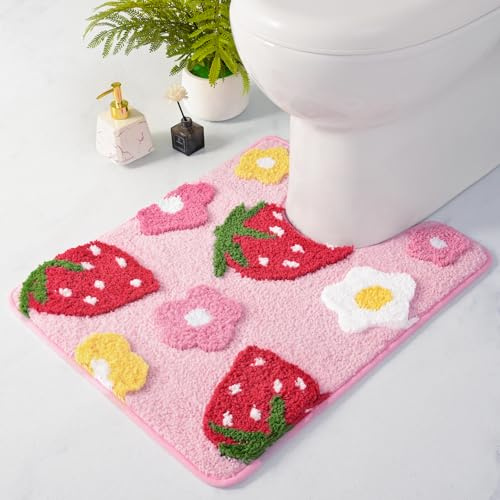 Anybar U-förmiger WC-Vorleger, superweich, saugfähig, mit niedlichem Erdbeer- und Blumen-Design, rutschfest, schnell trocknend, waschbar, Konturteppich für WC, Badematten für Badezimmerdekoration