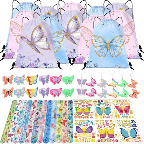 NlsqEU Schmetterling Party Mitgebsel Kindergeburtstag Mädchen, Schmetterling Deko Geburtstag, Geschenktüten Tattoos Aufkleber Schnapparmband Schlüsselanhänger Ring Geburtstag Deko