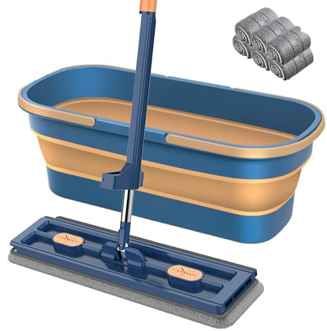 Grand balai à poussière plat avec rotation à 360° en microfibre avec grattoir d'assèchement, 137,2 cm, long manche réglable en acier inoxydable (bleu + 6)