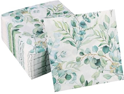 Birshe Servietten Eukalyptus 100 Stück,Servietten Hochzeit 3 Lagige Grün Vintage Eukalyptus Papierserviette Einweg Napkins für Tischdekoration Hochzeit Geburtstag Taufe und Jede Feier Party 33x33cm