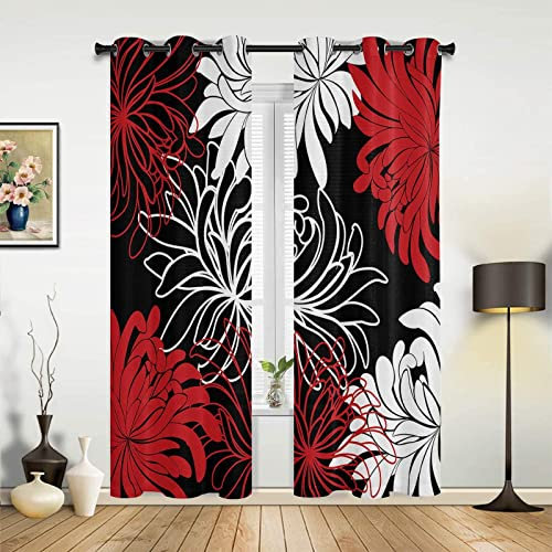 Schwarz-weiße Chrysanthemen-Verdunkelungsvorhänge, wärmeisoliert, Fensterbehandlungen für Wohnzimmer und Schlafzimmer, Rot, Schwarz und Weiß, Linien, Ösen, 265 x 215 cm