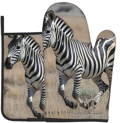 Oven Mitts and Pot Holders 2 pcs Set Heat Resistant Oven Gloves for Cooking Animal Zebra Oven Mitts Non-Slip Silicone Oven Mittens Hot Pad for Baking BBQ