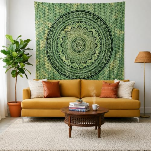 FURNISHFUL FINESSE Wandteppich, Mandala Ombre, Grün, 127 x 152 cm | Dekorative Baumwoll-Wanddecke für Wohnzimmer, Schlafzimmer oder Boho-Räume; vielseitig als Wandbehang und Heimdeko.