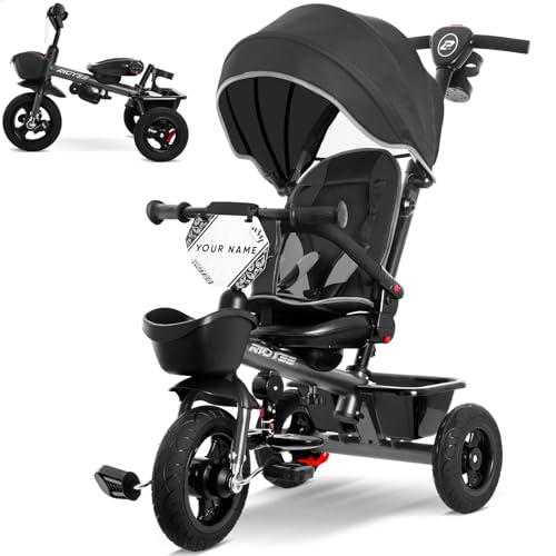 RIDYEE 7-in-1 Tricycle for 18 Months to 5 Years, All-Terrain Rubber Tires, Dual Wheel Brakes, Rotatable Seat for Toddlers 1.5-3, Tricycle for 3-5 Years with DIY Stickers, Grey