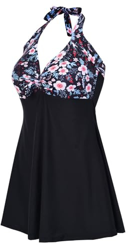 AMAGGIGO Damen Neckholder Push up BadekleidFigurformender Bunt Badeanzug mit Röckchen Bauchweg Einteiliger Badekleid（4flower，Größe 40 (XL)）