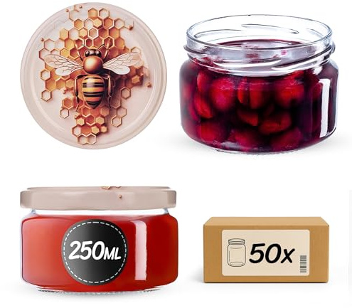 KADAX Lot de 50 bocaux en verre 250ml Ø82 – Couvercle Twist-Off hermétique TO82 – Pour confitures, conserves, cornichons, miel & fermentation