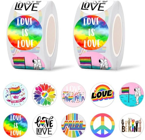 GTOTd LGBTQ Pride Sticker Roll (1000Pcs) | 2 Rolls, Rainbow Stickers in 10 Designs, Gifts for Pride Month Party Parades and Celebrations