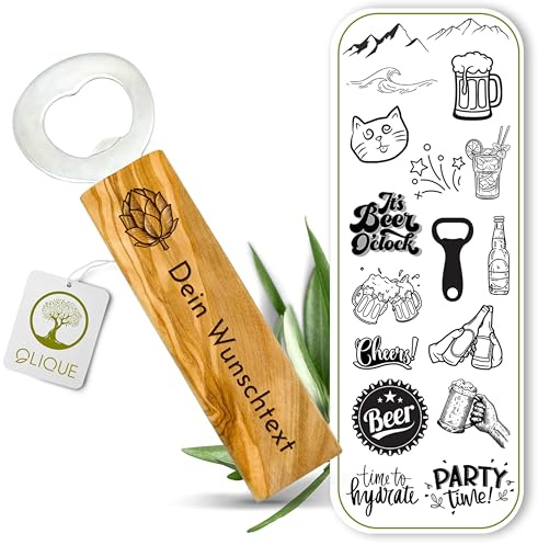 Flaschenöffner personalisiert, Olivenholz - Handgemachter Bieröffner mit Gravur als individuelles Geschenk (Classic)