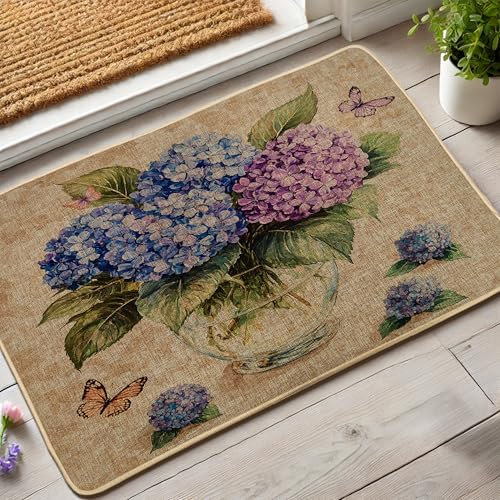 Zerbino floreale con ortensia, con fiori blu e viola, per interni ed esterni, antiscivolo, impermeabile, antipolvere, facile da pulire, 73 x 43 cm