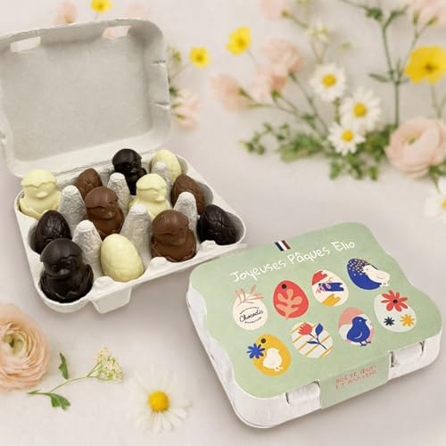 Chocodic - Boîte de chocolats minis œufs et poussins de Pâques - Coffret Personnalisé avec votre Message - Assortiment de Chocolat Blanc, Lait et Noir