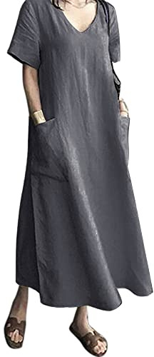 Kvruhuiy Women's Casual Dresses Summer Linen Dress Short Sleeve V Neck A Line Cotton Beach Maxi Sundress with Pockets S-3XL