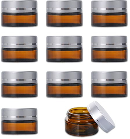 Lot de 10 pots à crème vides en verre ambré - 5 ml - Avec couvercle et doublure - Pour cosmétiques, crèmes, lotions, huiles essentielles
