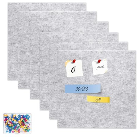 Filz-Pinnwand mit 100 Pins, 12 mm dick, Pinnwand, Wandfliesen, 30 x 30 cm, Filztafel, Fliesen, Geräuschsperre für Fotos, DIY, Memo-Display in Zuhause, Küche, Büro, Schule, Grau, 6 Stück