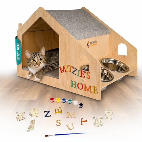 growpile Katzen- und Hundehäusschen aus hochwertigem Kiefernholz mit 2 Trinkschalen aus Edelstahl, zum selbst bemalen und bekleben mit Holzbuchstaben, incl. Acrylfarben
