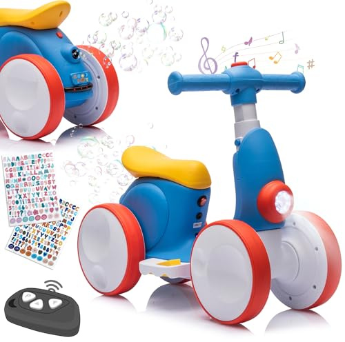 Laufrad Elektrisch 6V ab 1-4 Jahre mit Seifenblasenmaschine für Jungen Mädchen, 4 in 1 Kinder Fahrrad für 12-48 Monate mit Musik, LED-Lichter, Geschenk für Geburtstag, Weihnachten, Rot-blau