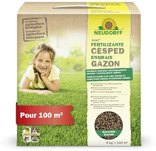 Neudorff Azet Fertilizante Césped – Favorece céspedes sosteniblemente densos y naturalmente verdes, con efecto natural de larga duración de 3 meses, 5 kg para 100 m²