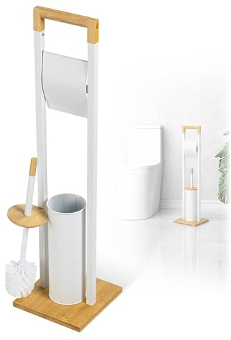 KADAX Toilettenpapierhalter mit integrierter WC-Bürste, Klopapierhalter Stehend mit Klobürste für Badezimmer, WC Garnitur aus Stahl und Bambus (Weiß)