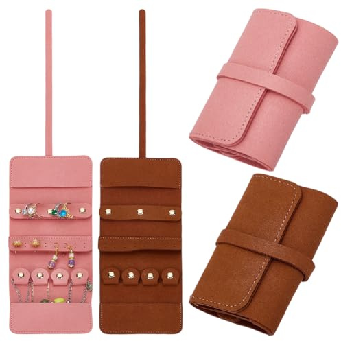 WEBEEDY 2 Farben Travel Jewelry Organizer Roll Portable Leather Jewelry Pouches Compact Foldable Jewellery Case for Earrings Rings Necklaces Bracelets, Brown/Pink