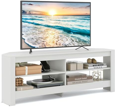 FANTASK TV Lowboard mit 4 offenen Ablagen, Fernsehschrank mit Ladestation, Fernsehtisch für TVs bis 65 Zoll, Eck-TV-Schrank für Wohnzimmer & Schlafzimmer, 140 x 40 x 49,5 cm (Weiß)