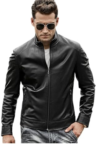 Premium Leather Products Men's Genuine Leather Motorcycle Jacket, Black, Band Collar, Zippered Pockets, Hip Length (UK, Alpha, M, Regular, Regular)