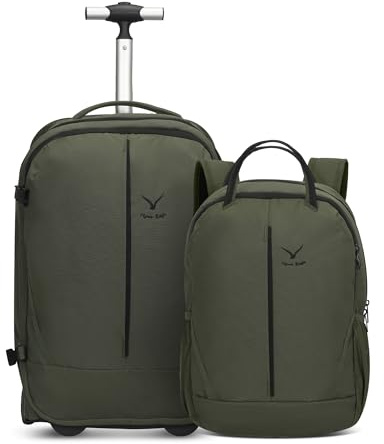 Hynes Eagle Trave Ryggsäck med hjul, 2-i-1 Ryanair/Easyjet kabinväska set, vattentät, handbagage med personlig artikelväska, ryggsäck för män och kvinnor, Armégrön – 1, 53 x 34 x 17 cm, Bagageset