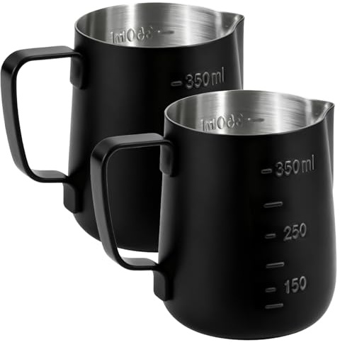 2 Stück Milchkännchen Edelstahl, 350ml Milch Pitcher, Milchschaumkännchen mit Messmarkierungen, Kaffee Creamer Aufschäumer Kännchen für Latte, Cappuccino, Espresso, Macchiato, Barista, Schwarz