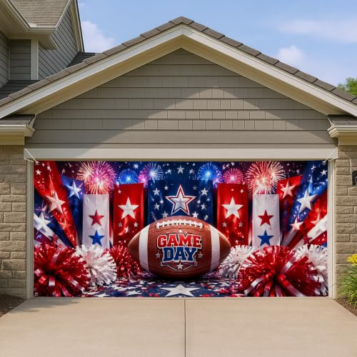 Patriotische Fußball-Garagentorabdeckung, rot, weiß und blau, festliches Sternmuster, Spieltag, Outdoor-Dekoration für Sommer und 4. Juli, 395 x 180 cm