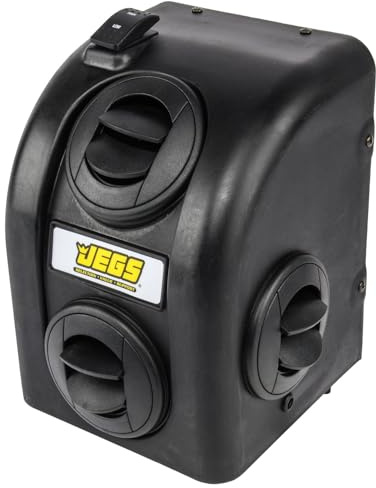 JEGS Auxiliary Heater Assembly | 200 CFM Airflow | 13,200 BTU Of Heat | Rocker Switch | 2-Speed Fan | 12-Volt | Compact Design | 4 Round Louvers | 9.875in. H x 7.375in. W x 7.25in. D