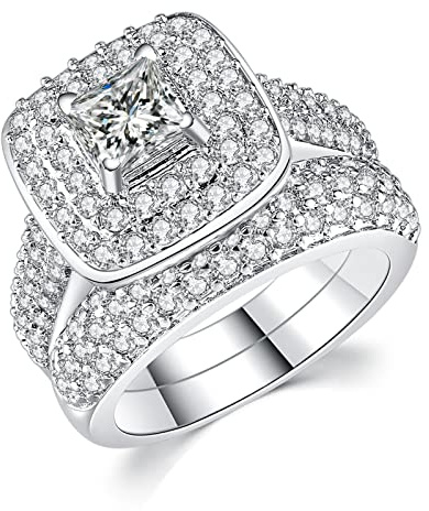 Double Fair 2 Piece Wedding Ring for Women 1 Carat Princess Cut Cubic Zirconia Engagement Promise Bridal silver Band Fashion Cute White Gold Plated Ring Set Gift Jewelry