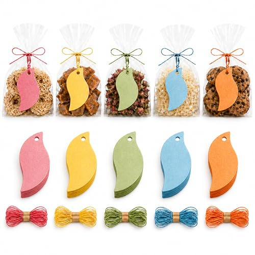 Quotidian Natur Bäckergarn 15,2x19,1 cm, 150 Stück | Naturbelassene Jutekordel 5 farben für Geschenke, Etiketten, Deko