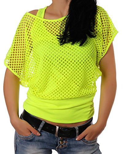 Smile Fish Women Casual Sexy 80s Costumes Fishnet Neon Off Shoulder T-Shirt (Neon-Green US 6-8/Tag Size M)