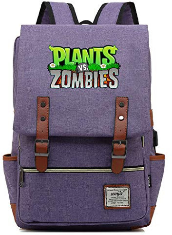 WANHONGYUE Spiel Plants vs. Zombies Backpack Vintage Schulrucksack Studententasche Schulranzen 15,6 Zoll Laptop Rucksack mit USB-Ladeanschluss Purple / 2