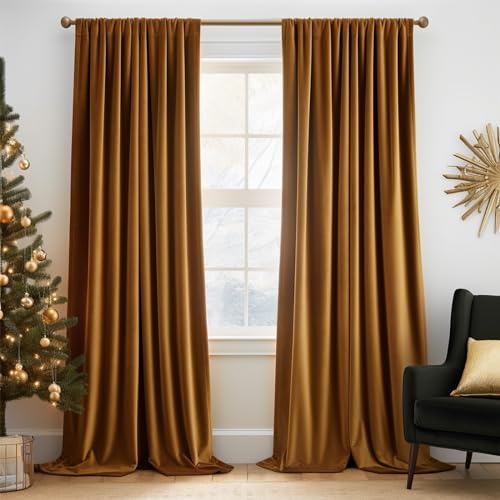 TOPICK Vorhang Blickdicht Samtvorhänge mit Tunnelzug Verdunkelungsvorhang Thermovorhang Verdunkelungsgardinen Für Wohnzimmer Schlafzimmer 2 Stück 225H x 130B(cm) Gelbbraun