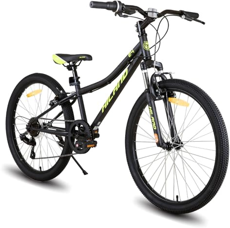 HILAND Climber 24 Zoll Kinderfahrrad, Kinder Mountainbike für Jungen Mädchen mit Federgabel 7 Gang, Kinder MTB mit V-Bremsen, Schwarz/Blau/Mintgrün/Rosa