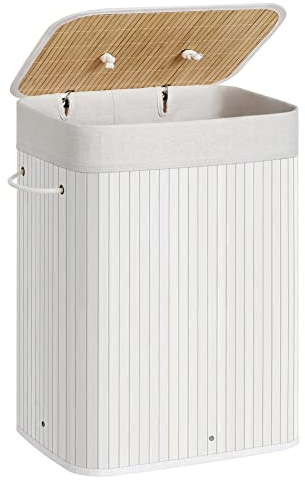 SONGMICS Laundry Basket with Lid, 72 Litres, Bamboo Laundry Hamper, Foldable Laundry Bag, Removable and Machine Washable, with Handles, for Laundry Room, Bedroom, White LCB010W01
