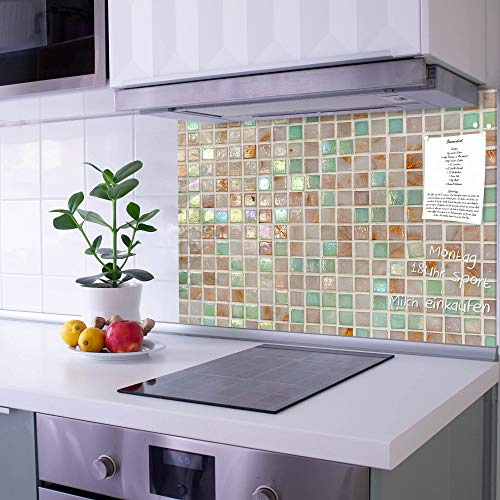 banjado Küchenrückwand Glas ohne Bohren 60x40cm – Glasrückwand Küche mit Motiv Grüne Fliesen/Spritzschutz Küchenrückwand Glas/selbstklebende Küchenrückwand Platte - magnetisch & beschreibbar