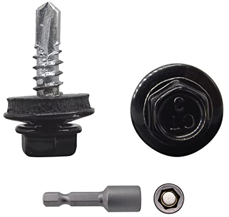 Marcopol (150 Stück) Metalldachschrauben 4,8 x 19 mm Bohrschrauben mit EPDM Unterlegscheiben Lackiert Sechskantscheibe Unterlegscheibe Blechschraube (150, RAL 9005) Schwarz (RAL 9005)
