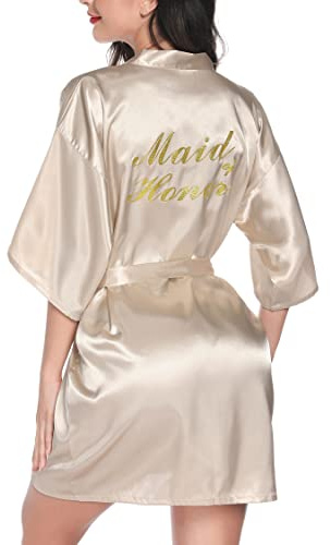 Vlazom Morgenmantel für Hochzeit Satin Kimono Badmantel für Braut&Brautjungfern Damen Robe mit Gürtel V Ausschnitt Morgenmantel für Hochzeit Party Pool Party und Pajama Party