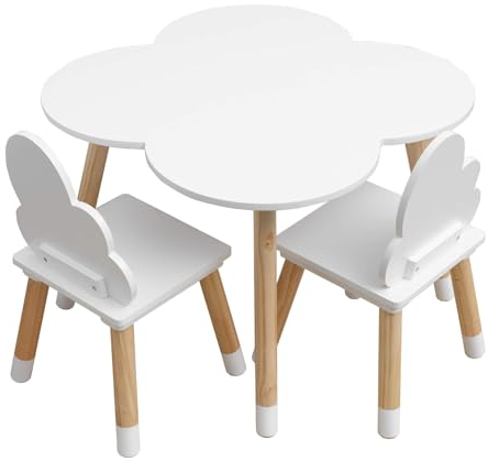 Rebecca Mobili Set Tavolino E Sedie Per Bambini, Sedie e Tavolo Arredo Cameretta Stanza Dei Giochi Bianco Marrone Chiaro, Mdf, Stile Nordico - Misure: 44 x 60 x 60 cm / 50 x 25 x 25 cm - Art. RE6733