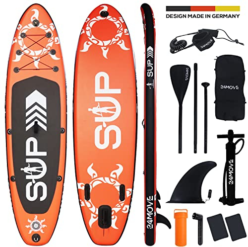 24MOVE® Sup Board Set, Premium Stand Up Paddle Board aufblasbar, Yoga Board, Surfboard Action Cam Ready inkl. Zubehör, Doppelhub Pumpe, Anti-Rutsch, Kinder & Erwachsene, ROT 366x80cm bis 200kg