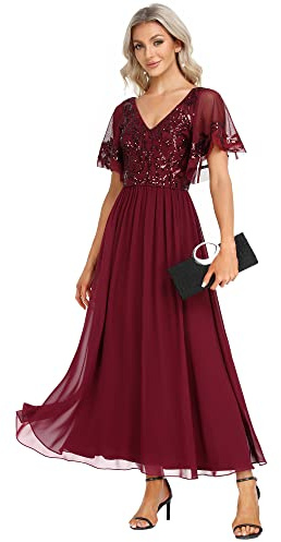 Ever-Pretty Robe Demoiselle d'honneur Femme Longue à Paillettes Manches Courtes Col V A Line Fluide Chic Bordeaux 42