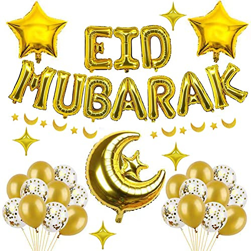 Decoration Eid Mubarak or Ramadan Aid Moubarak Banderole Eid Mubarak Ballons Etoile Lune Guirlande Décor Gâteau Eid Décoration Ramadan musulman islamique Parti