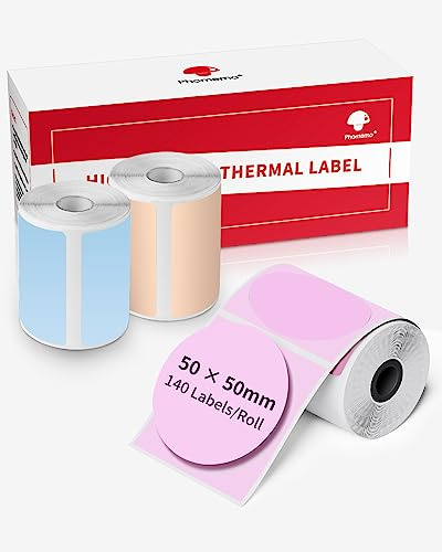 Phomemo Etiketten für M220 M250 M120 M150 M108 M110 M421 Etikettendrucker | Thermo Farbe Logo Etikett für DIY-Logo, Haus, Büro, 3 Rolle, 50x50mm, 140 Etiketten/Rolle (Pink/Blau/Khaki)