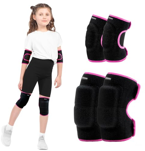YEEKORO Knee Pads Elbow Pads Set for Kids, Youth Adjustable Knee Elbow Pads Protective Sets with Thickened SBR Pads for Riding Rollerblading Skating Skateboarding Snowboarding Volleyball（Black-Pink